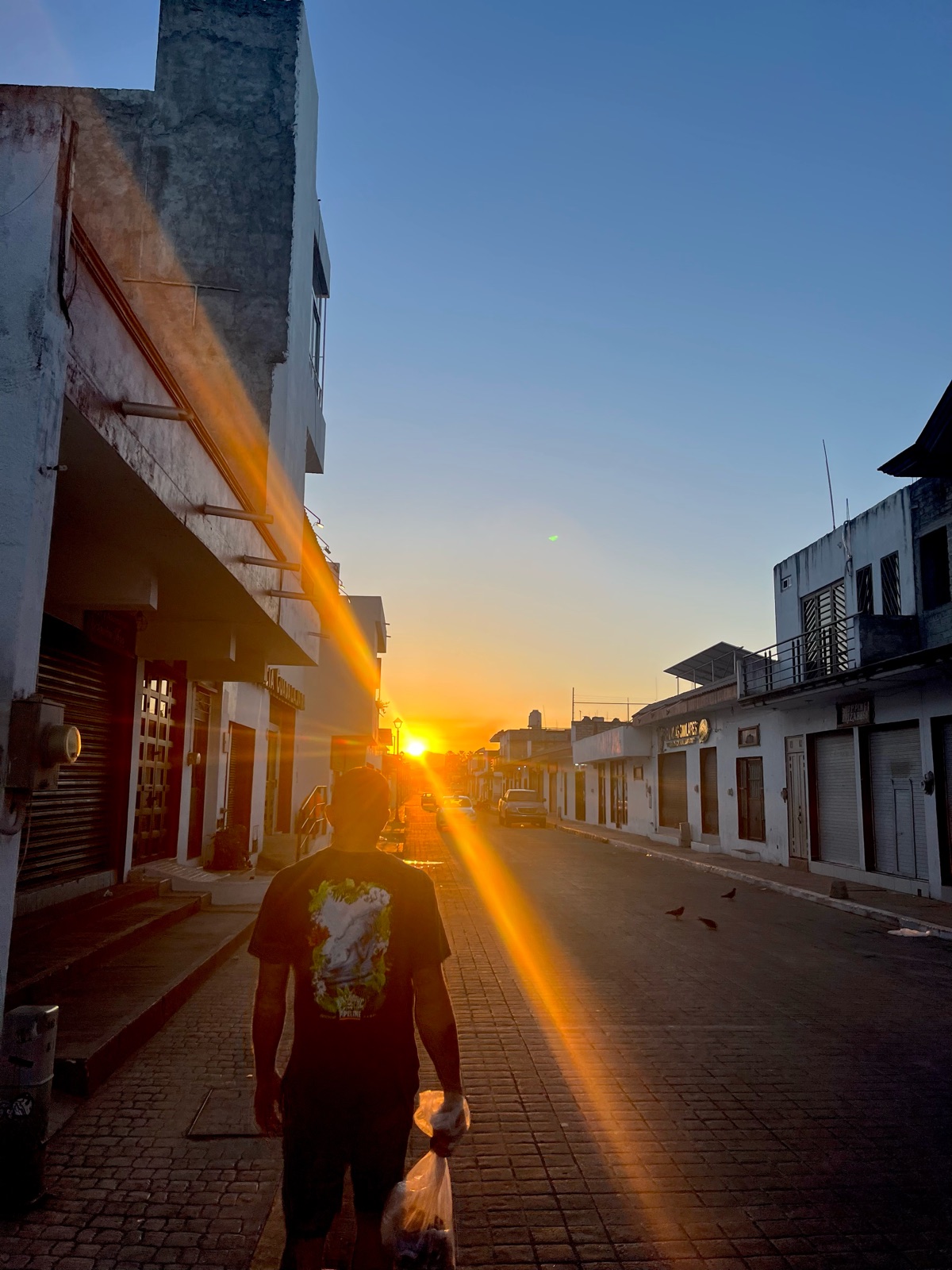 A man walking down a quiet street toward the setting sun